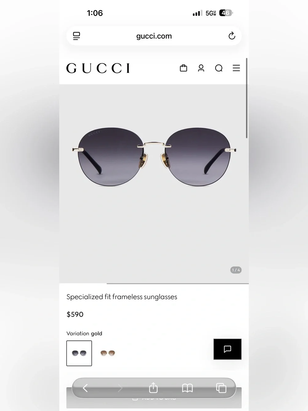 Gucci Rimless Sunglasses - Black Gradient Lenses with Gold Accents